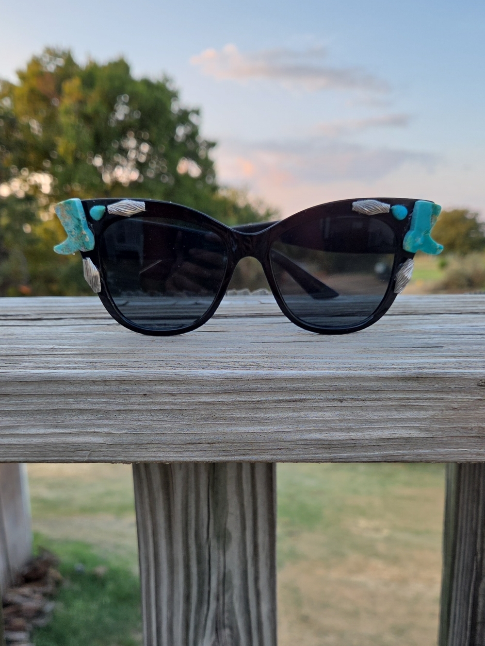 Black Cateye Sunglasses with Kingman Turquoise  Boots and Sterling Torpedo Beads